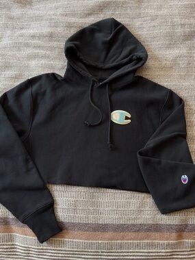 Champion Reverse Weave Cropped Hoodie with Chain Stitch Logo, Size Small